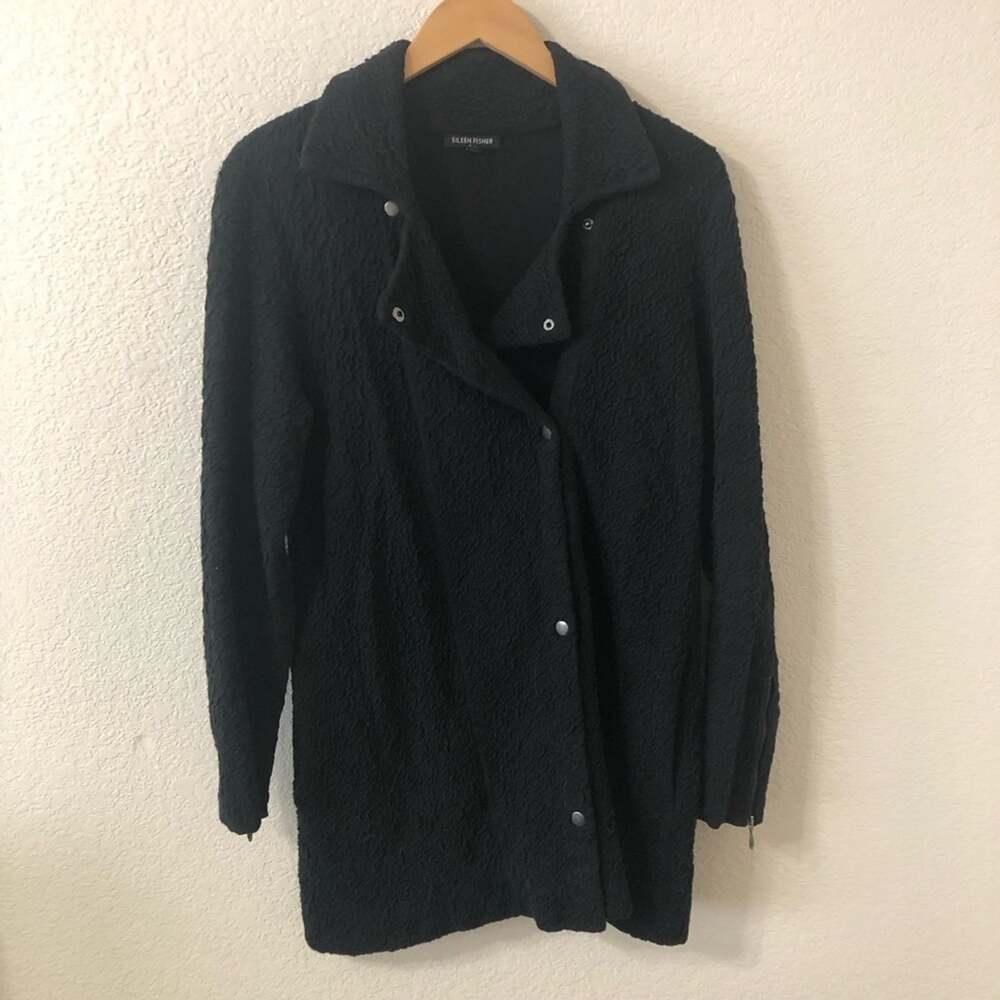Eileen Fisher Persian Cotton Snap Front Textured Jacket in Black - Size Medium